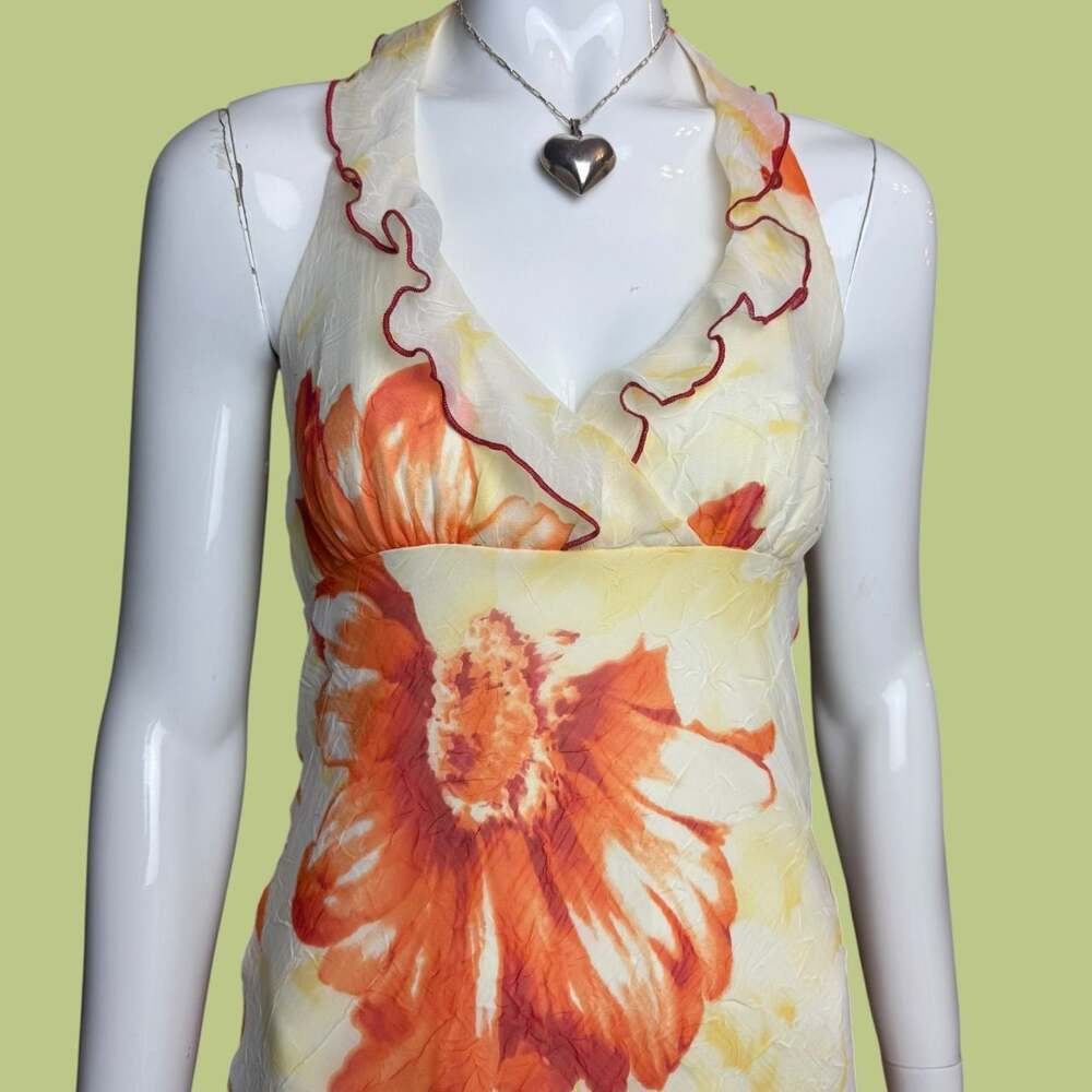 Vintage 90s Y2K Orange Floral Asymmetrical Midi Dress - Picture 2 of 7
